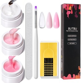 BUTBU Builder Nail Gel, 3 Basic Colors Nail-Extension-Gel, Hard Gels Builder for Nails Repair and Extensions, Inclued nail Brush, Buffer Block and 20pcs Nail-Forms (Clear, Light Pink, Pink)