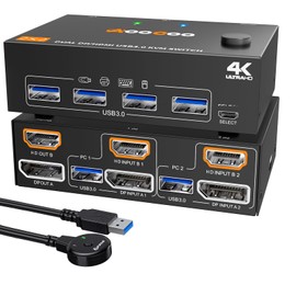 KVM Switch 2 Monitors 2 Computers 4K@60Hz,DP+HDMI USB3.0 Dual Monitor KVM Switches with 4 USB 3.0 Port,Wired Remote,USB3.0 Cables Included(4K60Hz 2 PC 2 Monitor KVM)