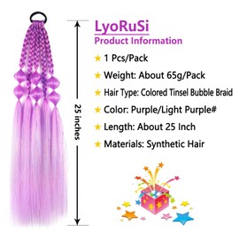 Colored Hair Extensions, LyoRuSi 25 Inch Lightweight Colored Tinsel Bubble Ponytail Extension with Hair Tie, Ombre Crazy Hair Day Accessories for Girls Festival Rave (Rose Pink/Light Purple#)