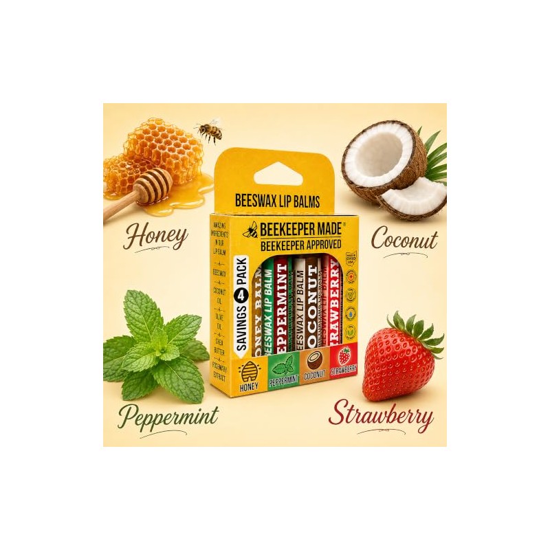 Beeswax Lip Balm 4 Pack | Honey, Peppermint, Coconut &