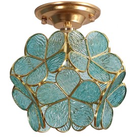 Bieye L10824 Flower Petals Tiffany Style Stained Glass Close to Ceiling Light, 8-inch Wide (Blue)