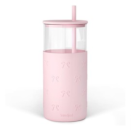 SANDJEST Glass Tumbler with Straw and Lid, Bow Glass Water Bottle with Silicone Sleeve 20oz, Smoothie, Iced Coffee Cup, Gifts for Women Teen Girls Birthday Christmas