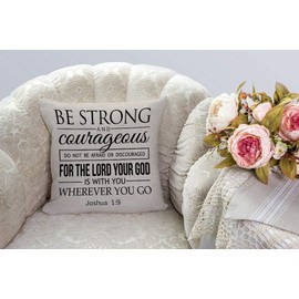SSOIU Quote Saying Decor Throw Pillow Covers Be Strong and Courageous Do Not Be Afraid Joshua 1:9 Cotton Linen Decorative Pillow Covers for Home Sofa Bed Room Pillowcase 18"x18"