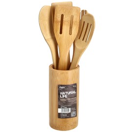 RAVI Kitchen Utensils, Bamboo Wood Kitchen Utensils Set, Five Spoon Spatulas, Cookware, Utensils with Wooden Stand, Kitchen Accessories for Pancakes, Scrambled Eggs