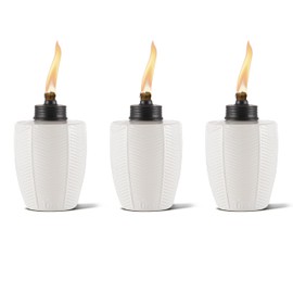 TIKI 3-Pack Tabletop Torch – Glass Herringbone Ivory, Decorative Outdoor Tabletop Torches for Patio, Backyard, Garden, 5.75 in, Wick & Snuffer, Portable Citronella Torch for Outdoor Lighting