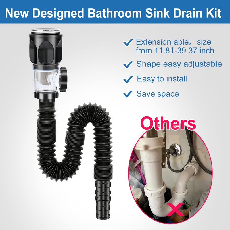 Bathroom-Sink-Drain-Kit: Flex-drain Kit with Flexible & Expandable P-trap Sink Drain
