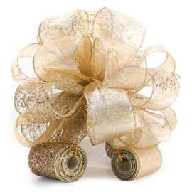 Traico Christmas Tree Topper Bow - Bow: 11" sq. - Tails: 3 Yards Long Each - Champagne Snowflake