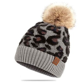 C.C Exclusives Soft Beanie hat with Leopard Pattern and Fur Pom, a Rubber Band Included (HAT-2061)(LT MEL GREY)