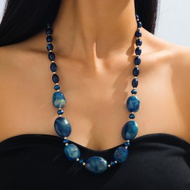 Nojess Chunky Acrylic Beaded Long Necklace for Women Retro Irregular Marble Pattern Bead Statement Necklace Boho Vintage Jewelry for Daily Outfit Work Commute Vacation Party Holiday Gift (Blue)