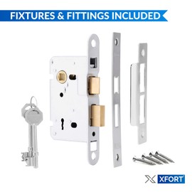XFORT® 3 Lever Polished Chrome Mortice Sashlock 65mm, Door Lock with Key for Internal and External Doors, Door Latch Mechanism and Key Locking Door Security, CE Approved and Fire Rated Protection.