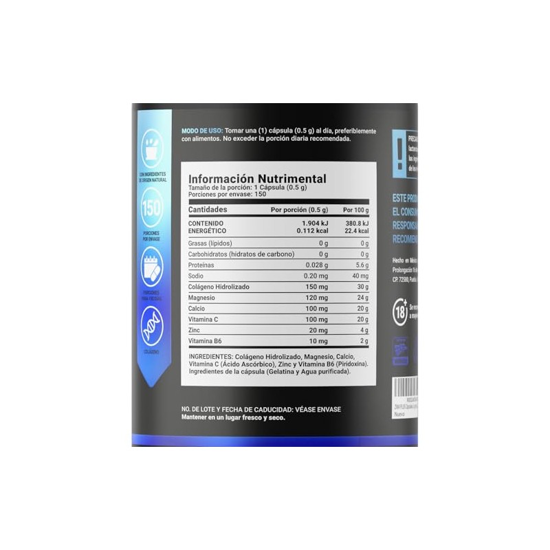 Mezcla Zinc Magnesio Vitamina Colágeno Hidrolizado Calcio 150 Cápsulas Ingredientes