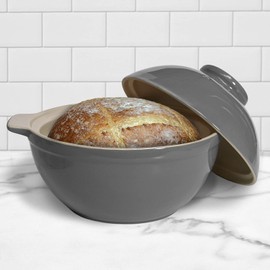 Sassafras Superstone Bread Dome with Grey Exterior Glaze and Glazed Interior for No-Knead Bread and Roasting Chicken, Meats and Vegetables