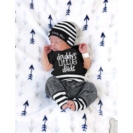Fommy Newborn Baby Boy Clothes New to The Crew Letter Print Romper+ Pants+Hat 3PCS Outfit, Black+grey07, Newborn