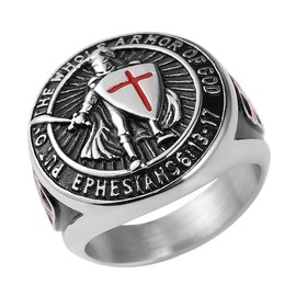 HZMAN Stainless Steel Knights Templar Ring for Men Boys Retro Put On The Whole Armor of God Ephesians 6:13 Red Cross Ring Jewelry Gift (Silver,9)