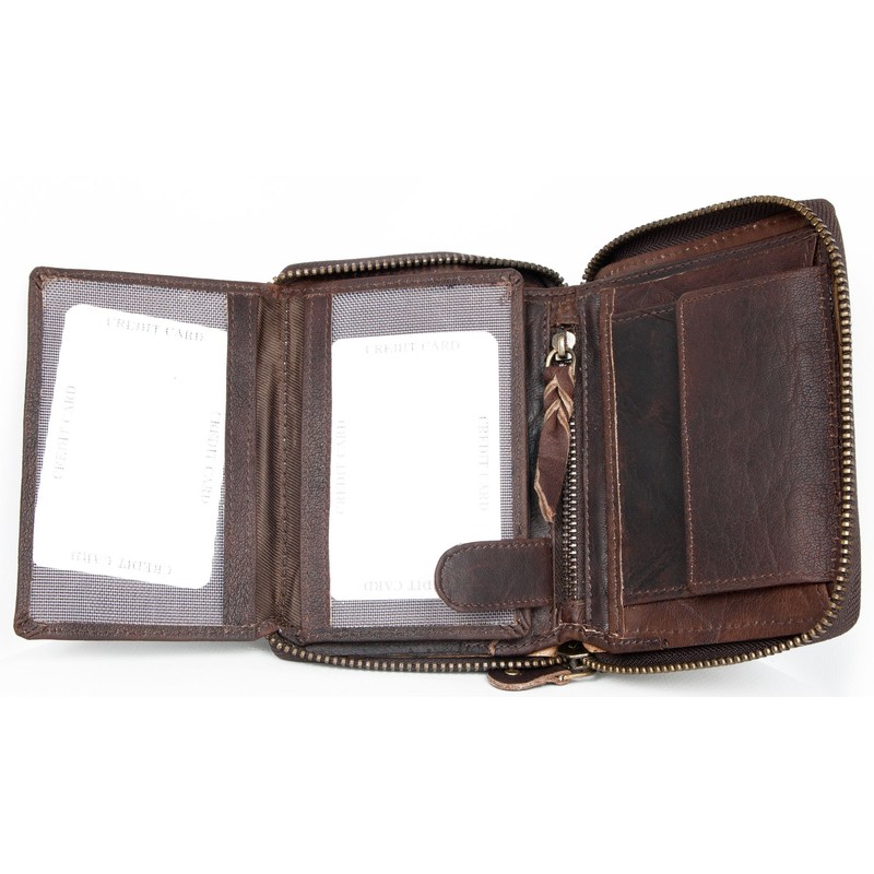 Men's Natural Genuine Leather Wallet with Metal Zipper Around with