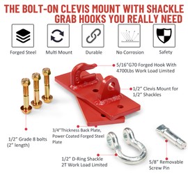 ONECHOI Tractor Bucket Hooks, Bolt On Clevis Mount with 1/2” Shackle, 5/16”Grab Hooks G70 Steel, Shackles Mount with Backer Plate, Heavy Duty Tow Hook for SUV RV UTV Tractors Bucket(Red)