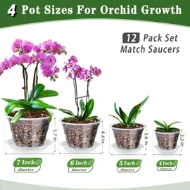 Orchid Pot 12 Pack | 3 of Each 4,5,6,7 Inch,Orchid Pots with Holes & Saucers - Clear Plastic Pot For Repotting, Breathable Ventilation Planters for Phalaenopsis, Dendrobium & Oncidium Orchids