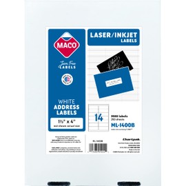 MACO Laser/Ink Jet White Address Labels, 1-1/3 x 4 Inches, 14 Per Sheet, 3500 Per Box (ML-1400B)