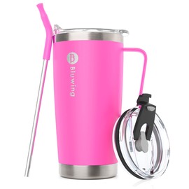 Bluwing Travel Coffee Mugs with Handle, 20 oz Stainless Steel Insulated Tumbler Cups with Straw for Women and Girls (Hot Pink)