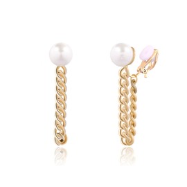 QUKE 10MM Simulated Pearl 14K Gold Plated Clip On Tassel Chandelier Earrings Non Pierced Ears Chain Dangle Drop for Women Girls