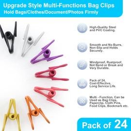 Bag Clips for Food Storage, 24pcs Steel & PVC Coated Food Clips Bag Sealing Clips, Multi-function Food Pegs Clips, Clothes Pegs, Paper Clips, Durable Freezer Bag Clips for Kitchen Home Office
