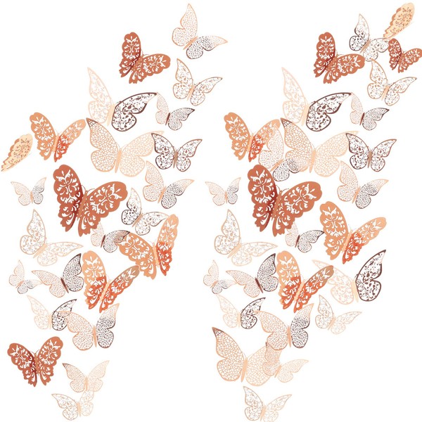 72 Pieces 3D Butterfly Wall Decals Sticker Wall Decal Decor Art Decorations Sticker Set 3 Sizes for Room Home Nursery Classroom Offices Kids Girl Boy Bedroom Bathroom Living Room Decor (Rose Gold)