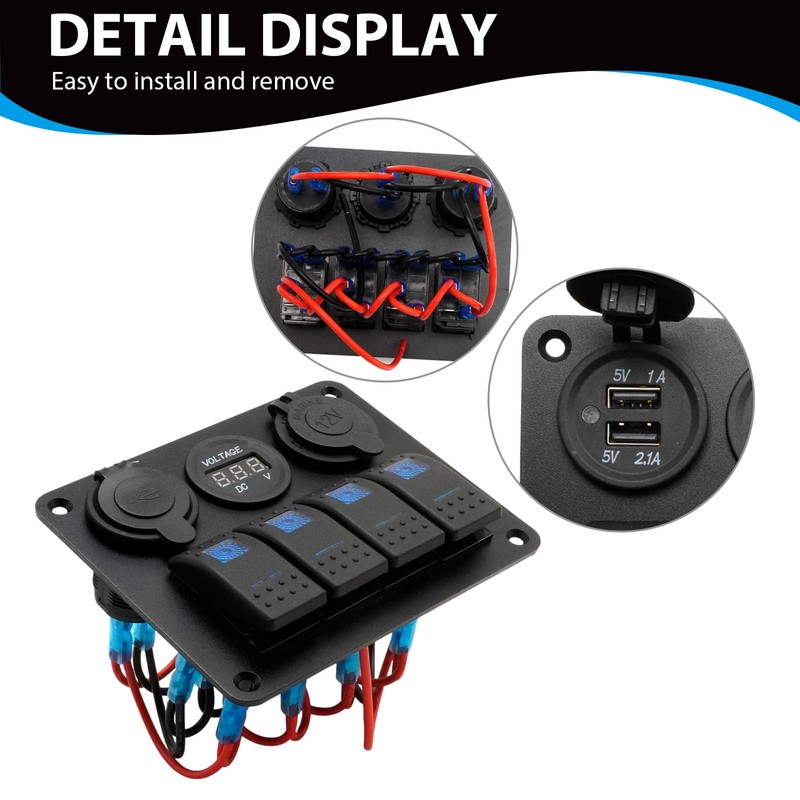 Vkinman 4 Gang Rocker Switch Panel with Dual USB Charger,