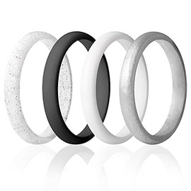 ROQ Silicone Wedding Ring For Women, Set of 4 Thin Stackable Silicone Rubber Wedding Bands Point- Black, White, White with Silver Glitter, Silver - Size 5