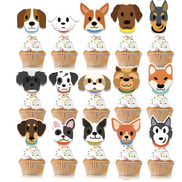 KUDES 32Pcs Dog Cupcake Toppers - Cute Puppy Faces Cake Topper Picks Party Bunting Decorations for Dog Puppy Theme Kids Birthday Party Supplies
