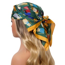 CHUNG Women's Scarf Satin Bandanas Printed Pattern Fashion Scarves Silk Feeling Handbag Hair Wrap Ribbons Handkerchief Necktie Square 27.5",Dark Green Cats