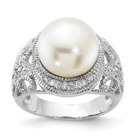 Auriga Fine Jewelry Sterling Silver Rhodium-plated Cubic Zirconia and Freshwater Cultured Pearl Gemstone Ring Size 8