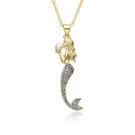 Niaspi Crystal Mermaid Pendant Necklace for Women Girls Hypoallergenic Gold Plated Rhinestone Blue Fish Tail Pendant Elegant Mermaid with 4mm Pearl Crystal Necklaces Jewelry for Sister Daughter