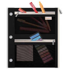 SKYDUE 3 Ring Pencil Pouch for Binder, Zipper Binder Pencil Pouch with 3 Pockets and Mesh Window, Durable Organizer for School Supplies, Cables, Earbuds, Makeup