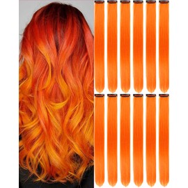 Olldag 12 PCS Orange Hair Extensions Clip in, 20 inch Colored Party Synthetic Neon Highlights Extensions, Rainbow Hair Accessories for Girls Women Kids Hair Pieces (Orange)