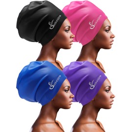 4 Pack Silicone Extra Large Swim Caps for Braids and Dreadlocks Black Women Men Long Hair Swimming Waterproof Pool (C)