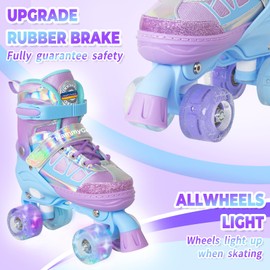 MammyGol Roller Skates for Kids Boys Girls, Adjustable Quad Skates with Light Up Wheels for Toddler Little Kids Ages 6-12 Size 9C 10C 11C 12C, Beginners Outdoor Sports, Amethyst Sky