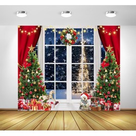 Christmas Backdrop for Photography 10x8ft Window Winter Night Forest Xmas Tree Snowflake Red Curtain Background Christmas Party Decorations Photo Backdrops for Photoshoot Photo Booth