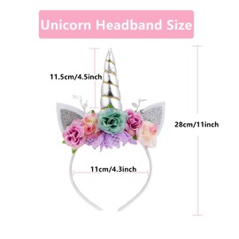 Nishine Unicorn Horn Floral Headband Glitter Ears Pony Headbands Tiara for Girls Party Birthday Cosplay (Silver & Mint)