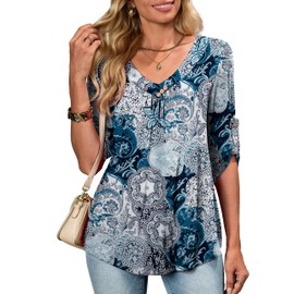 OIDUICOULD Womens 3/4 Sleeve Tunic Tops V Neck Blouse with Curved Hem Casual Plus Size Tops Blackblue Floral 3X