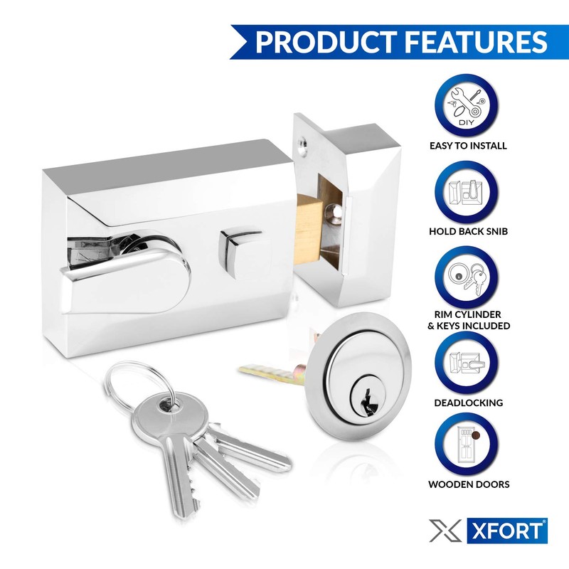 XFORT® Standard Deadlocking Night Latch 60mm, Complete with Rim Cylinder