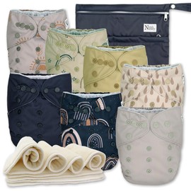 Nora's Nursery Cloth Diapers 7 Pack with 7 Inserts & 1 Wet Bag - Waterproof Cover, Washable, Reusable & One Size Adjustable Pocket Diapers for Newborns and Toddlers - Sunshine & Rainbows