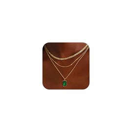 Fohufo Layered Emerald Green Necklaces for Women, 14K Gold Plated Emerald Green Pendant Necklaces, Gold Jewelry Set for Women Gifts