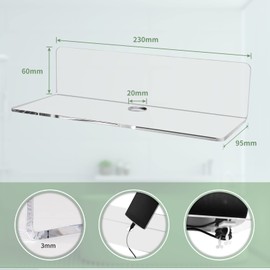 efuturetime® 2PCS Wandregal Transparent Acryl, 23 * 9.5cm, Schwimmende Wandregale, Schweberegal Ohne Bohren mit 4 Kabelclips, Displayregal Wand, Mini Regal für Büro, Bad, Küche, Schlafzimmer