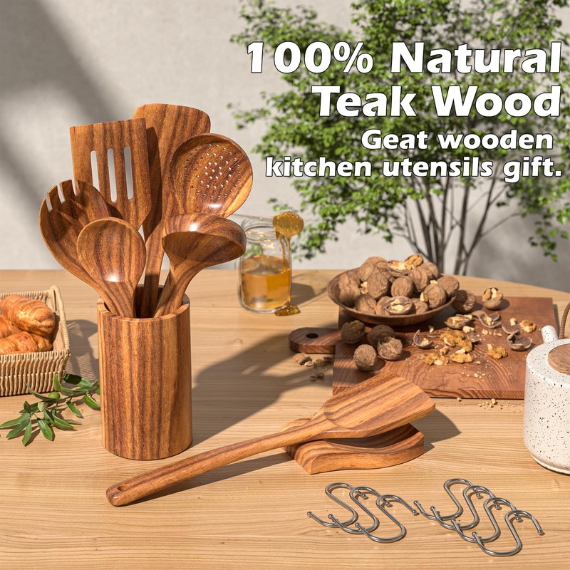 Natural Teak Kitchen Cooking Utensil Set with Holder, Wooden Spoons
