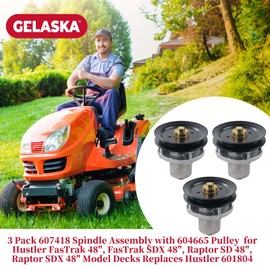 GELASKA 3 Pack 607418 Spindle Assembly with 604665 Pulley Replaces 601804 for Hustler Raptor Flip-Up 48", Hustler Raptor SD 48", Hustler 48" Raptor XD, Hustler 933614, 938464, 935825, 937789 Mowers