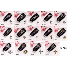 Bible Verse Gifts 14 PCS Retro Cross Nail Charms Fancy Gold Silver Cross Deco Metal Charms Metal Deco Charms Alloy Nail Art Cross 3D DIY Metal Accessories Sticker Tools