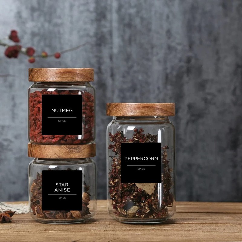 184 Spice Jar Labels, Prefdo Minimalist Preprinted Black Sticker White