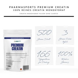 Pharmasports Premium Ultrapure Creatine Monohydrate - 500 g - 166 Servings - High-Quality Ultrafine Creatine Monohydrate - Vegan - Made in Germany