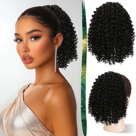 RUWISS Drawstring Ponytail Afro Frizzy Curly Ponytail for Women, 25 cm Synthetic Hairpiece with Clip-in Jerry Curls Afro Puff Ponytail Extensions (Black Brown)