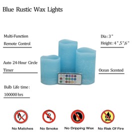 Blue LED Candles Gift Set of 3- Battery Realistic Wax Light-- Dia3 by Tall 4,5, 6Inch,Ocean Scent